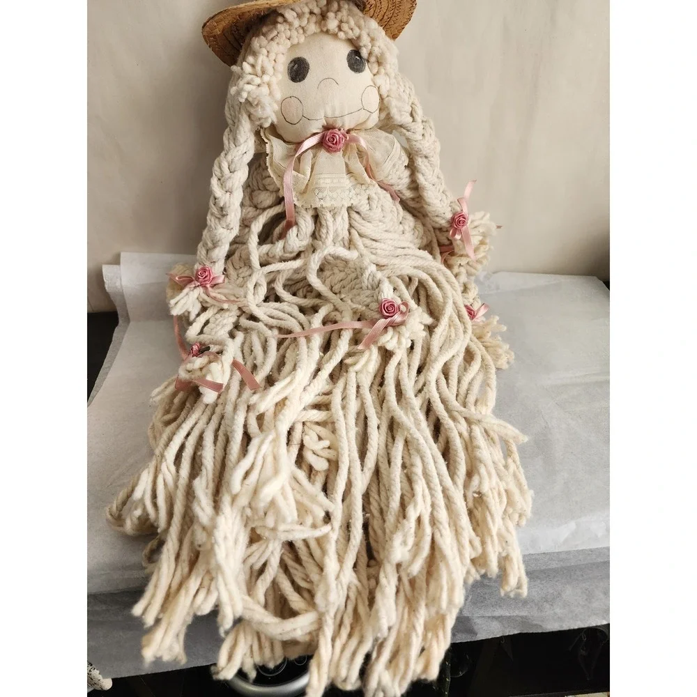 Handmade Mop Doll Vintage Folk Art Cream Yarn Straw Hat Pink Roses Cottagecore